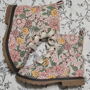 Cat & Jack Pink Floral Lace-Up Kids Boots with Yellow Accents